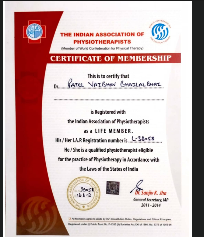 Indian Association of Physiotherapists life member certificate of Dr. Vaibhav Patel